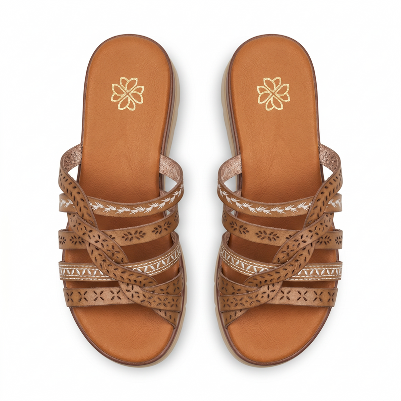 Sandales Femme Tressées Multi-Brides Cognac – Semelle Compensée Brodée – Importées d'Espagne 🇪🇸