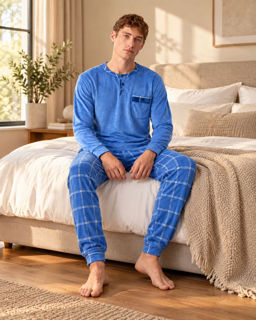 Men's Royal Blue Check Velvet Winter Pyjamas