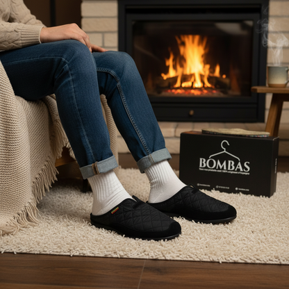 Homme portant des chaussons Bombas noirs devant la cheminée, confort et chaleur garantis à la maison