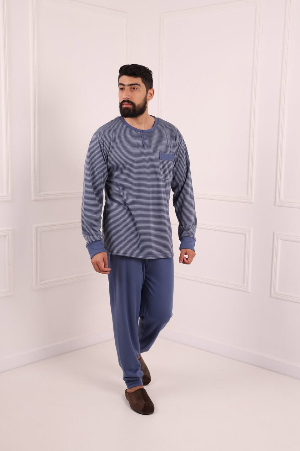 Pyjama homme hiver bleu foncé rayé Maroc