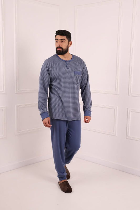 Pyjama homme hiver bleu foncé rayé Maroc