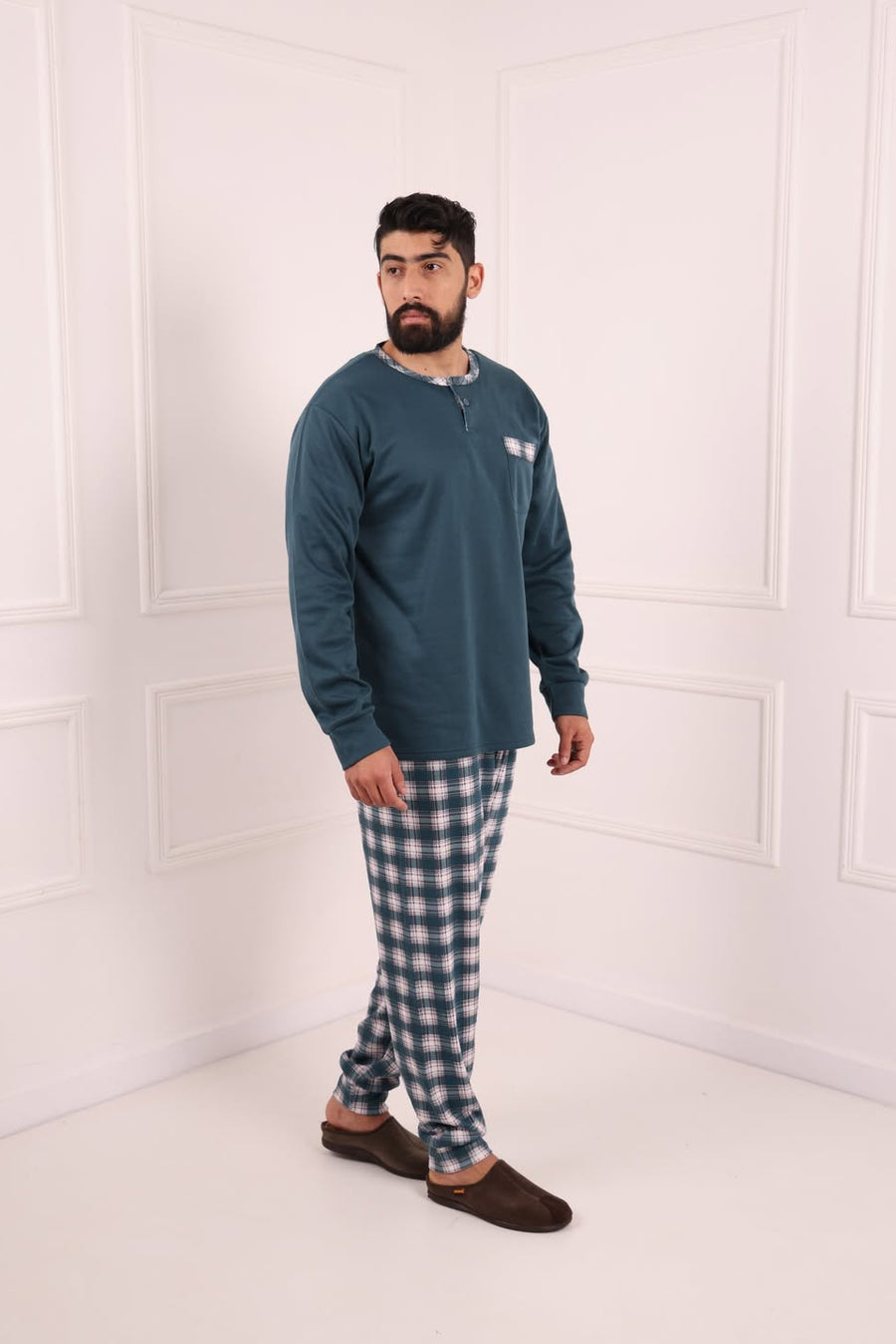 Pyjama Homme Hiver Vert Foncé & Carreaux – Coton Premium (KF 47)