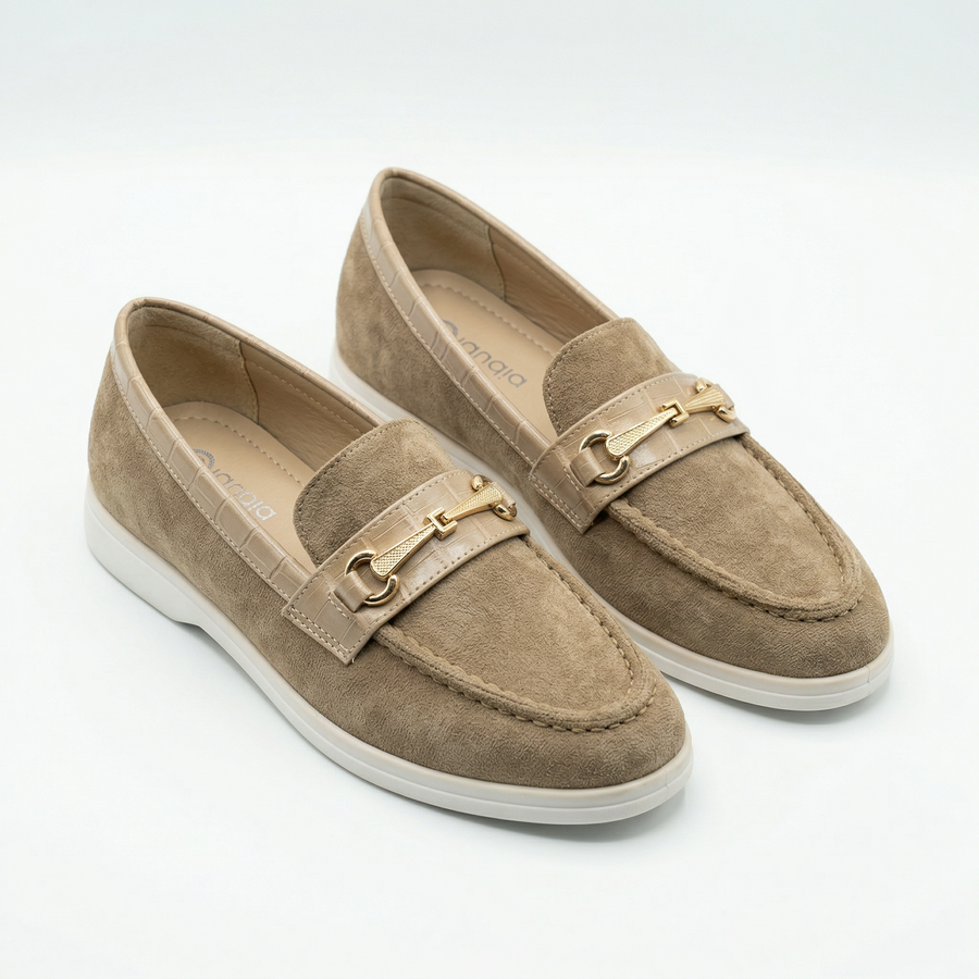 Mocassin Femme Beige taupe Touche Croco – Importé d’Espagne 🇪🇸