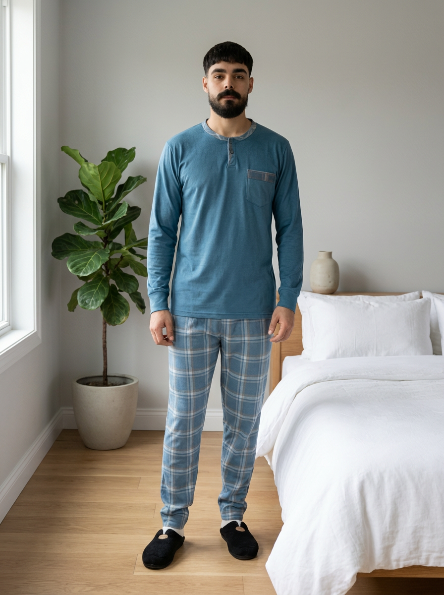 Pyjama Homme Hiver Velours Bleu Pétrole & Carreaux – Importé d’Espagne (KF 36)