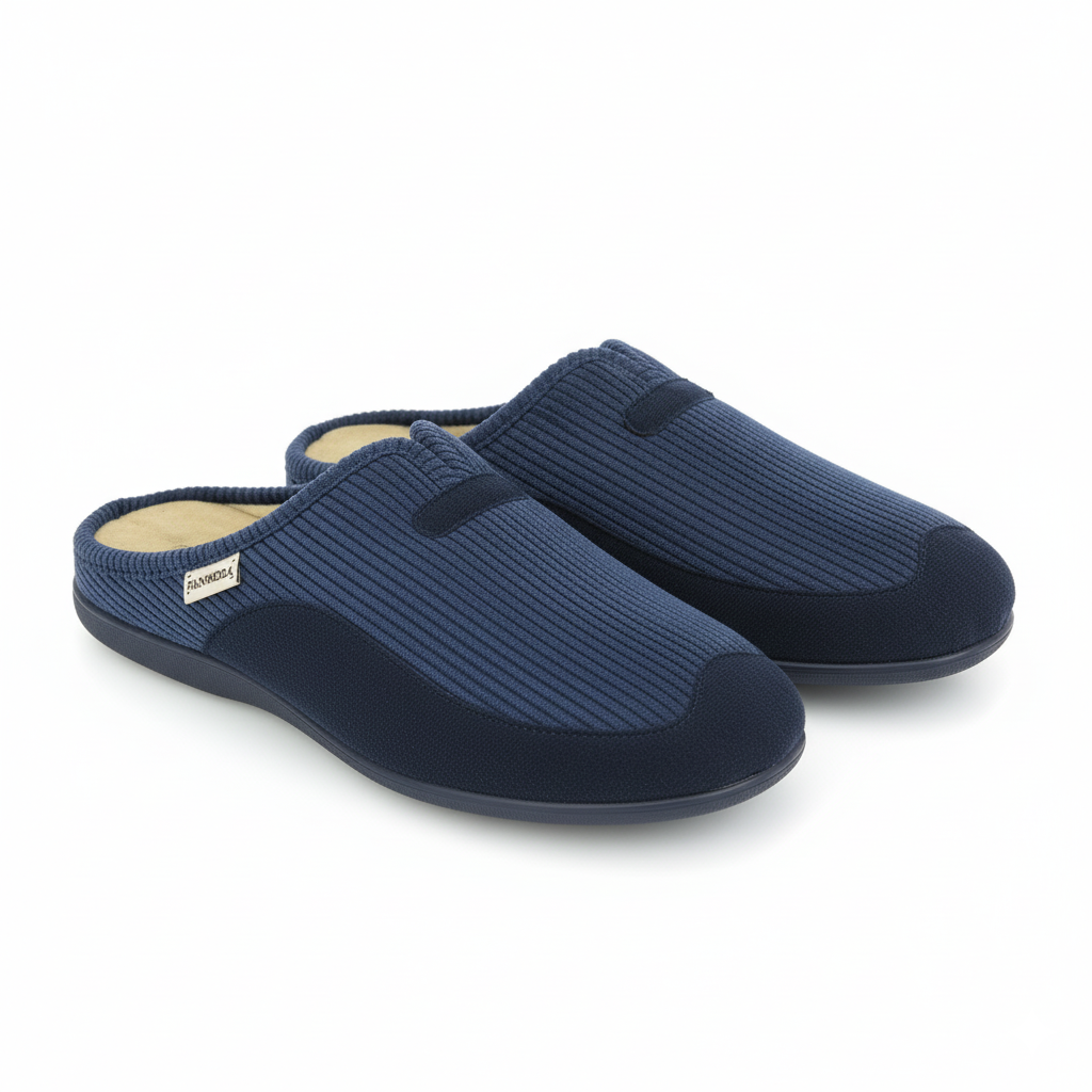 Paire de pantoufles homme bleu marine portées avec pantalon beige, sur terrasse en bois – style détente et confort