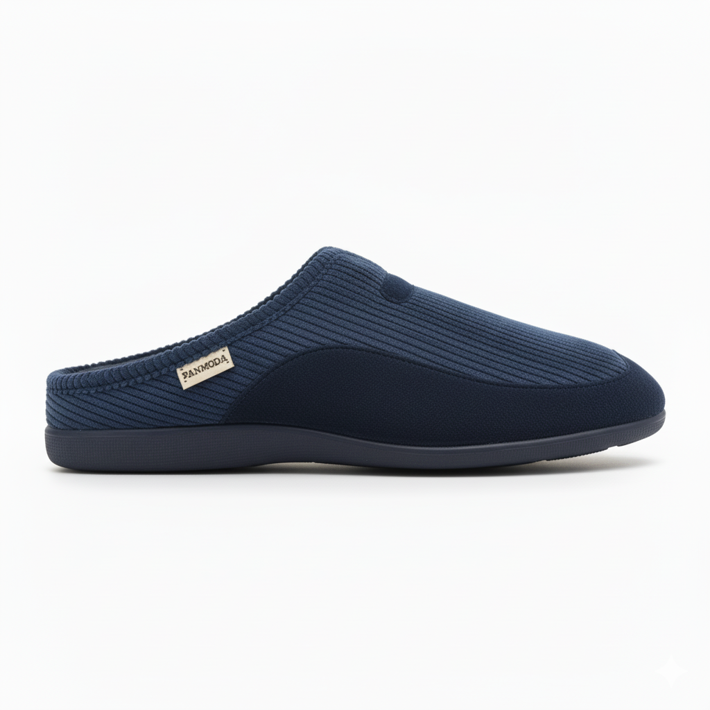 Pantoufle homme hiver bleu marine en tissu côtelé, vue latérale sur fond blanc