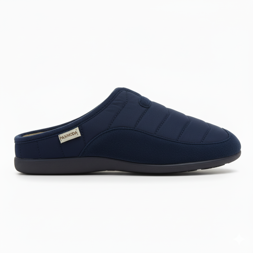 Pantoufle homme hiver en velours bleu marine, vue latérale sur fond blanc