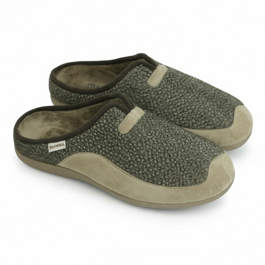 Chaussons Homme Hiver Vert Olive & Beige avec Finition Marron – PN247582