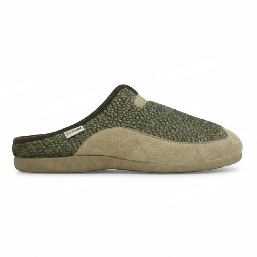 Chaussons Homme Hiver Vert Olive & Beige avec Finition Marron – PN247582