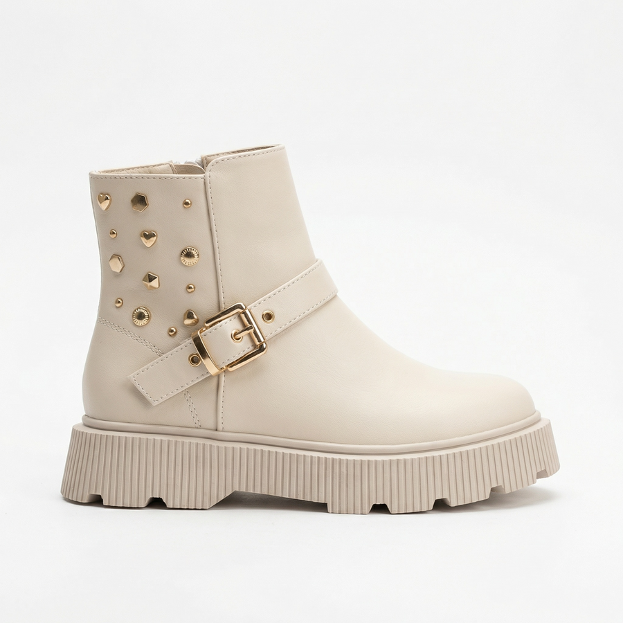 Bottines Fille Ivoire Boucle & Clous Dorés – Importées d’Espagne 🇪🇸