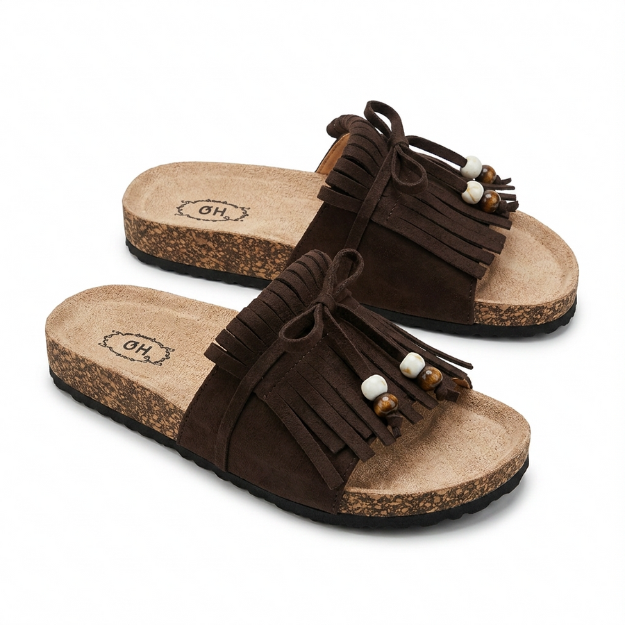 Sandales Femme Boho Franges Perlées Marron – Semelle Liège – Importées d'Espagne 🇪🇸