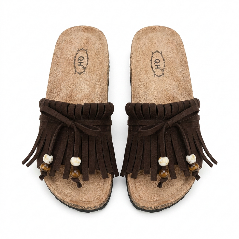 Sandales Femme Boho Franges Perlées Marron – Semelle Liège – Importées d'Espagne 🇪🇸
