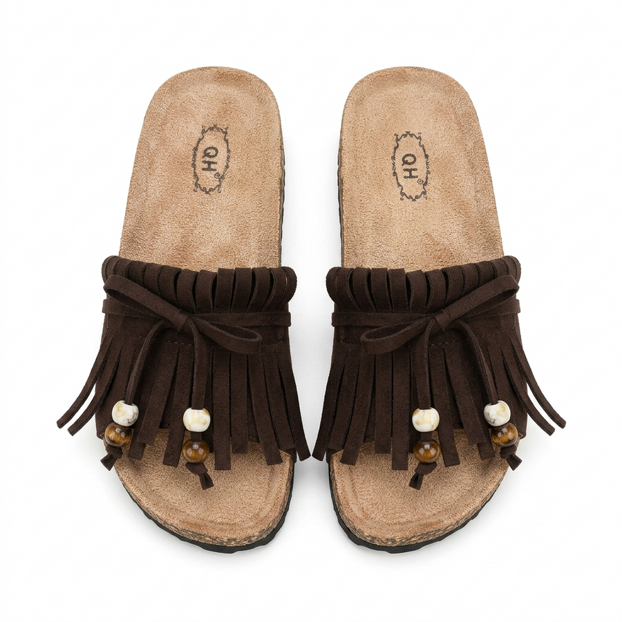 Sandales Femme Boho Franges Perlées Marron – Semelle Liège – Importées d'Espagne 🇪🇸
