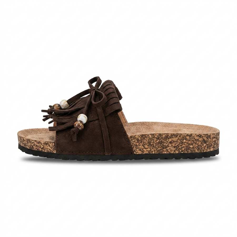 Sandales Femme Boho Franges Perlées Marron – Semelle Liège – Importées d'Espagne 🇪🇸