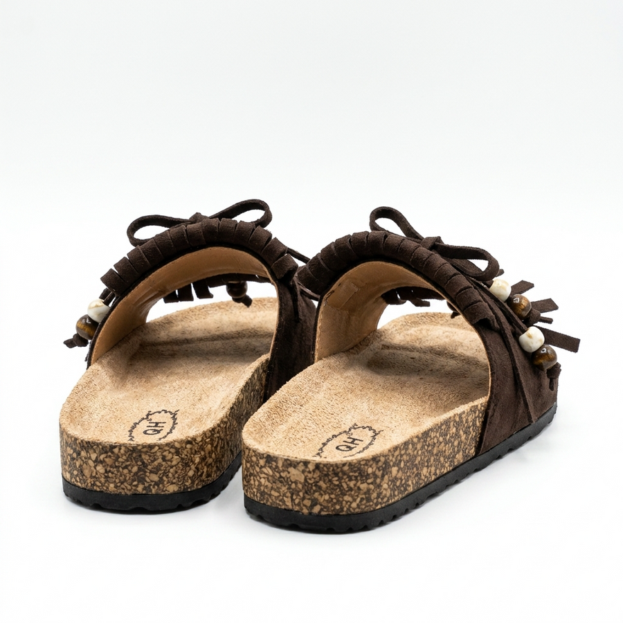 Sandales Femme Boho Franges Perlées Marron – Semelle Liège – Importées d'Espagne 🇪🇸