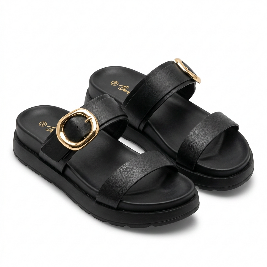 Sandales Femme Double Bride Boucle Dorée - Noir -  Importées d'Espagne 🇪🇸