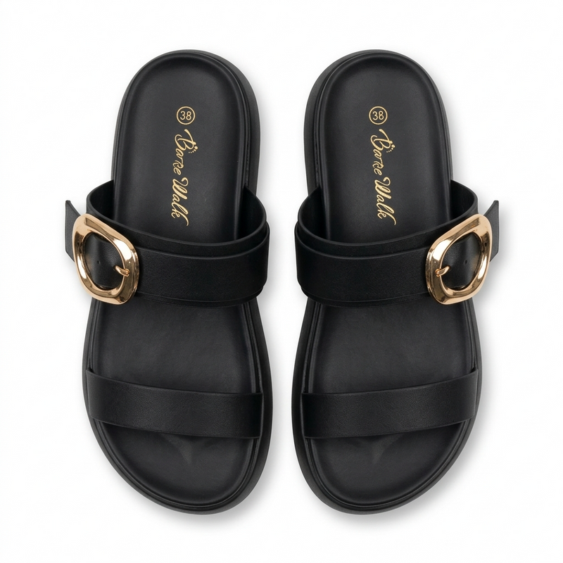 Sandales Femme Double Bride Boucle Dorée - Noir -  Importées d'Espagne 🇪🇸