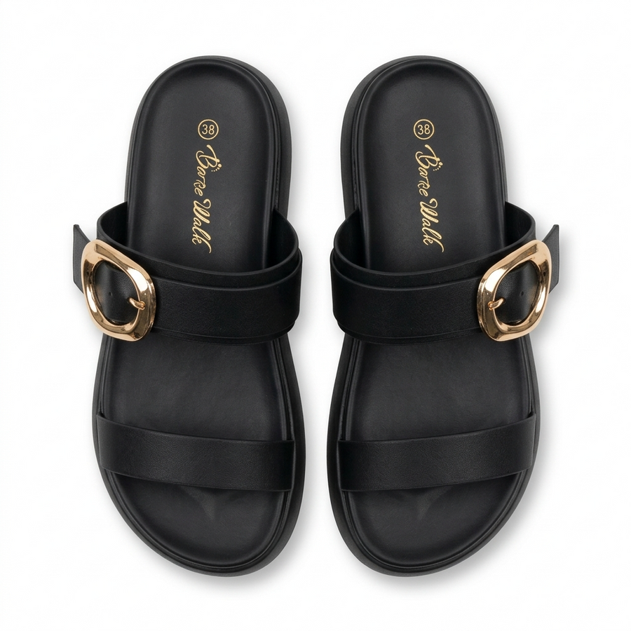 Sandales Femme Double Bride Boucle Dorée - Noir -  Importées d'Espagne 🇪🇸