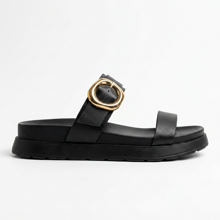 Sandales Femme Double Bride Boucle Dorée - Noir -  Importées d'Espagne 🇪🇸