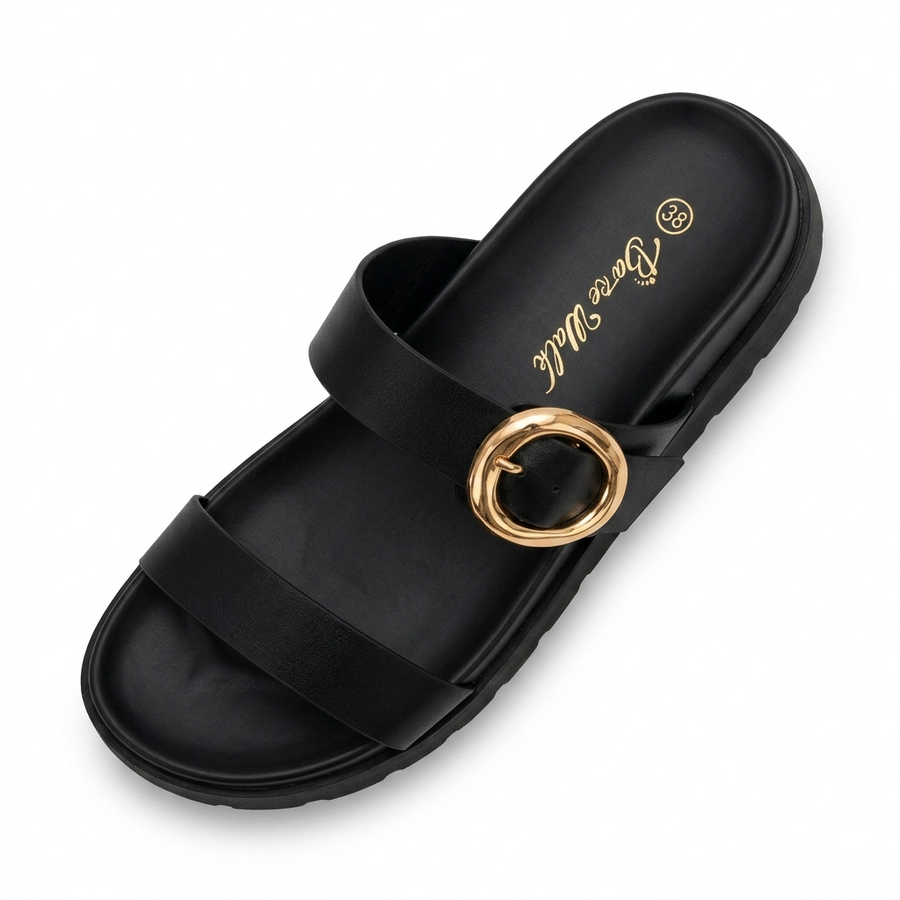 Sandales Femme Double Bride Boucle Dorée - Noir -  Importées d'Espagne 🇪🇸