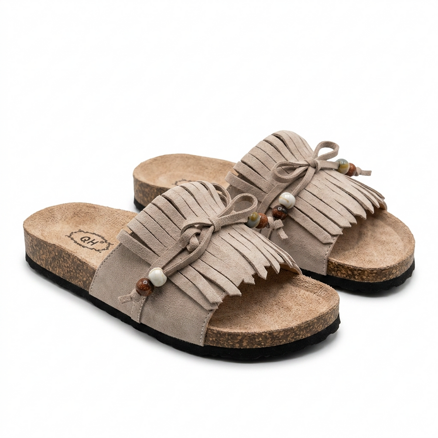Sandales Femme Boho Franges Perlées Beige – Semelle Liège – Importées d'Espagne 🇪🇸