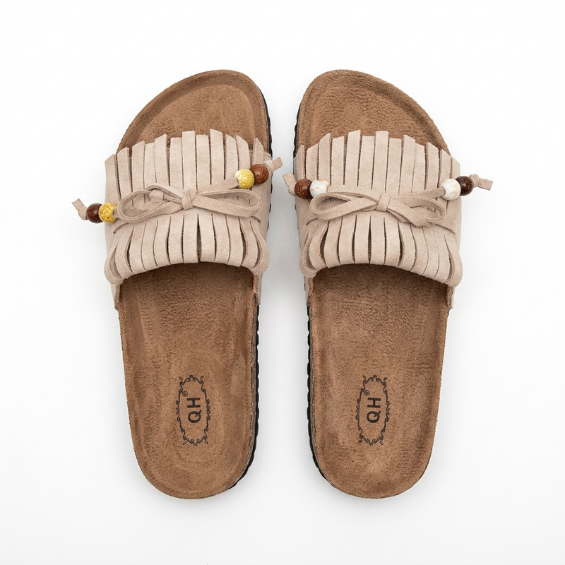 Sandales Femme Boho Franges Perlées Beige – Semelle Liège – Importées d'Espagne 🇪🇸