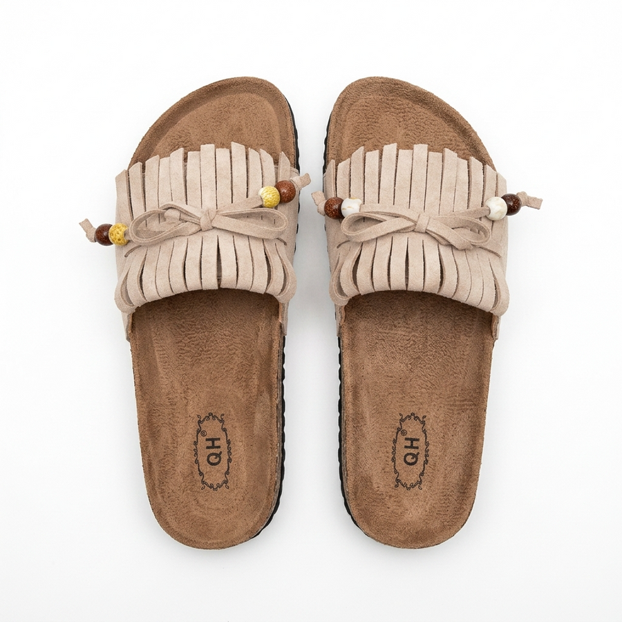 Sandales Femme Boho Franges Perlées Beige – Semelle Liège – Importées d'Espagne 🇪🇸