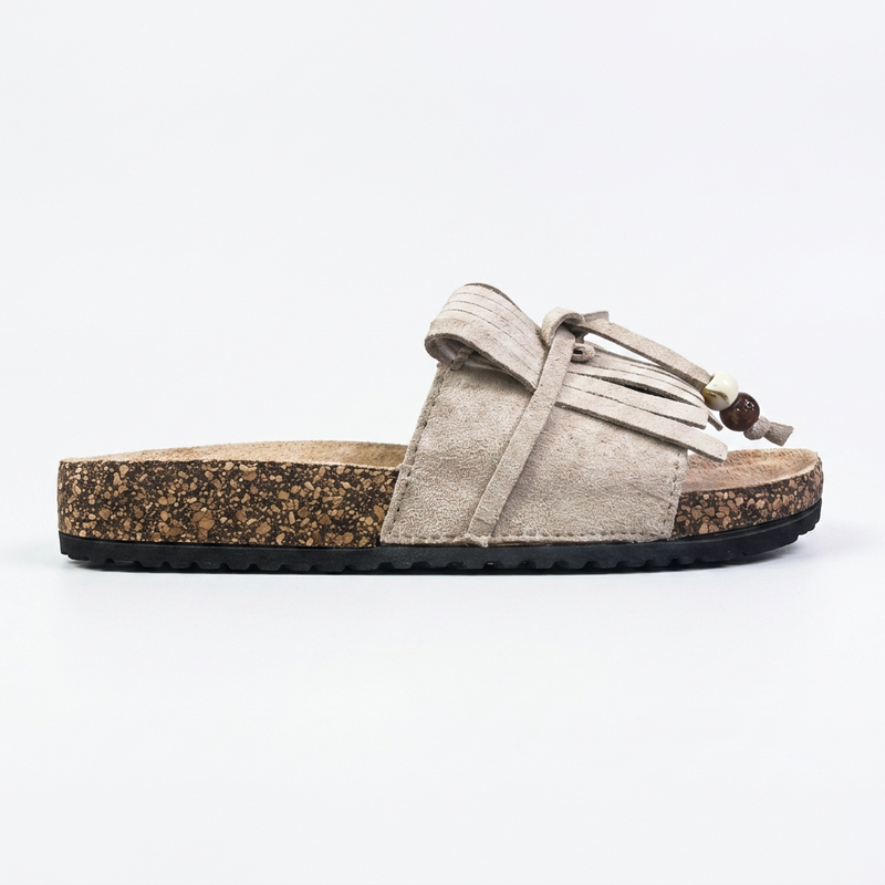 Sandales Femme Boho Franges Perlées Beige – Semelle Liège – Importées d'Espagne 🇪🇸