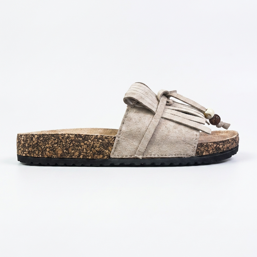 Sandales Femme Boho Franges Perlées Beige – Semelle Liège – Importées d'Espagne 🇪🇸