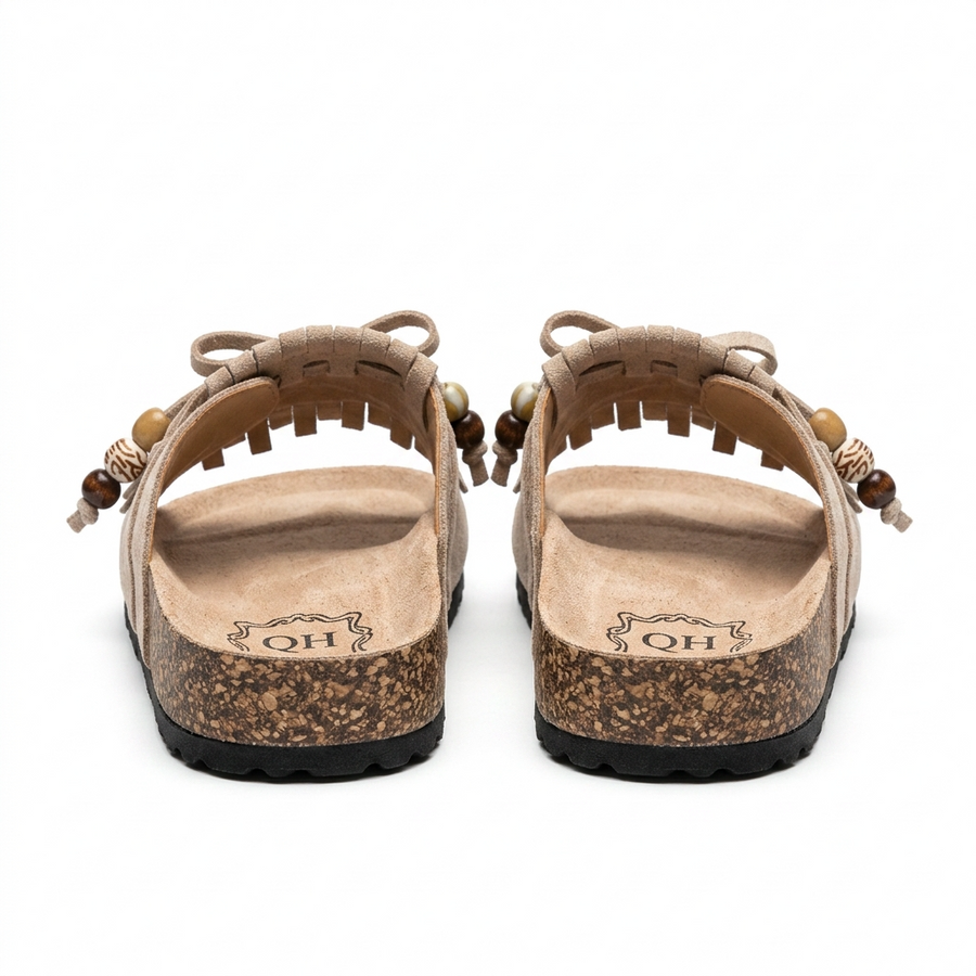 Sandales Femme Boho Franges Perlées Beige – Semelle Liège – Importées d'Espagne 🇪🇸