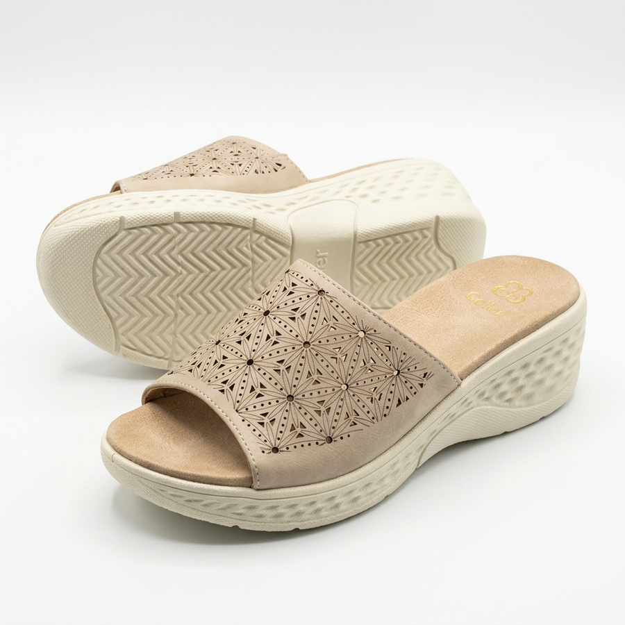 Sandales Femme Compensées Laser-Cut Géométrique — Beige — Importées d'Espagne 🇪🇸