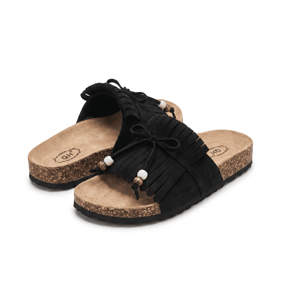 Sandales Femme Boho Franges Perlées Noir – Semelle Liège – Importées d'Espagne 🇪🇸