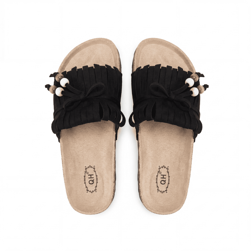 Sandales Femme Boho Franges Perlées Noir – Semelle Liège – Importées d'Espagne 🇪🇸