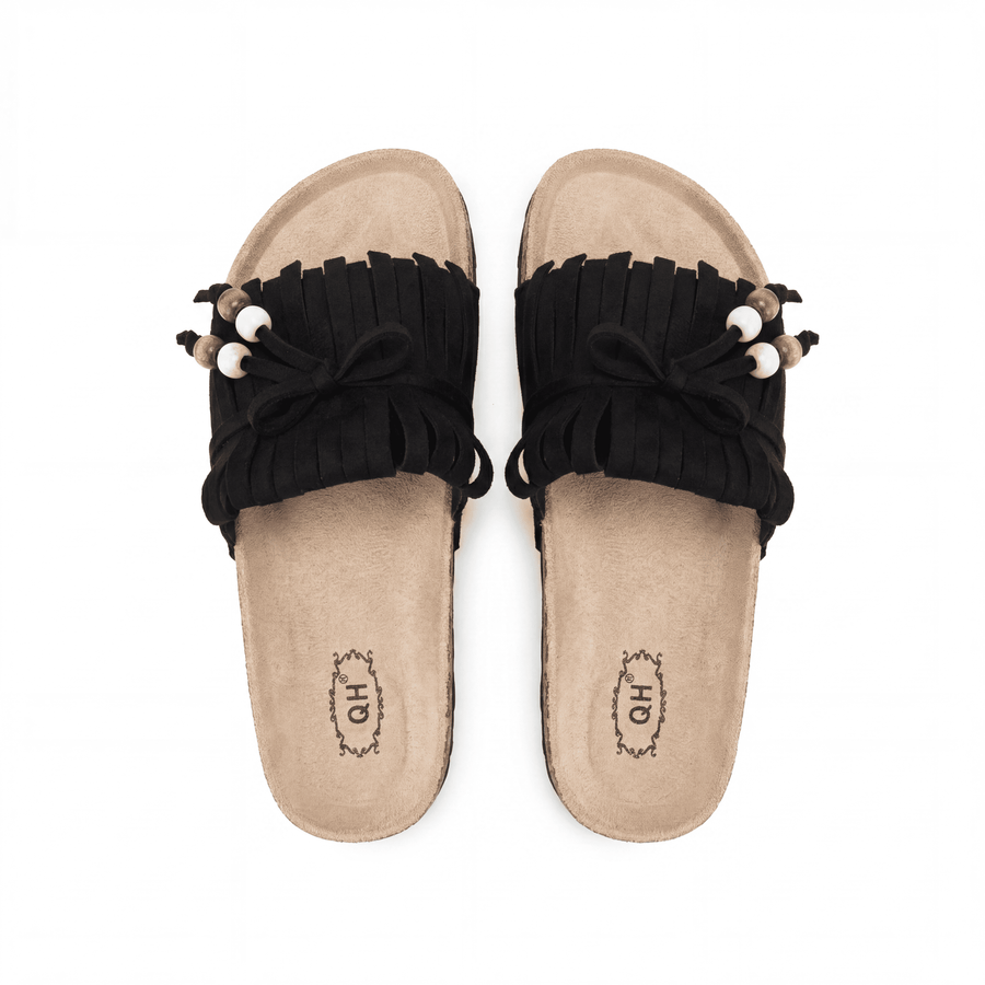 Sandales Femme Boho Franges Perlées Noir – Semelle Liège – Importées d'Espagne 🇪🇸