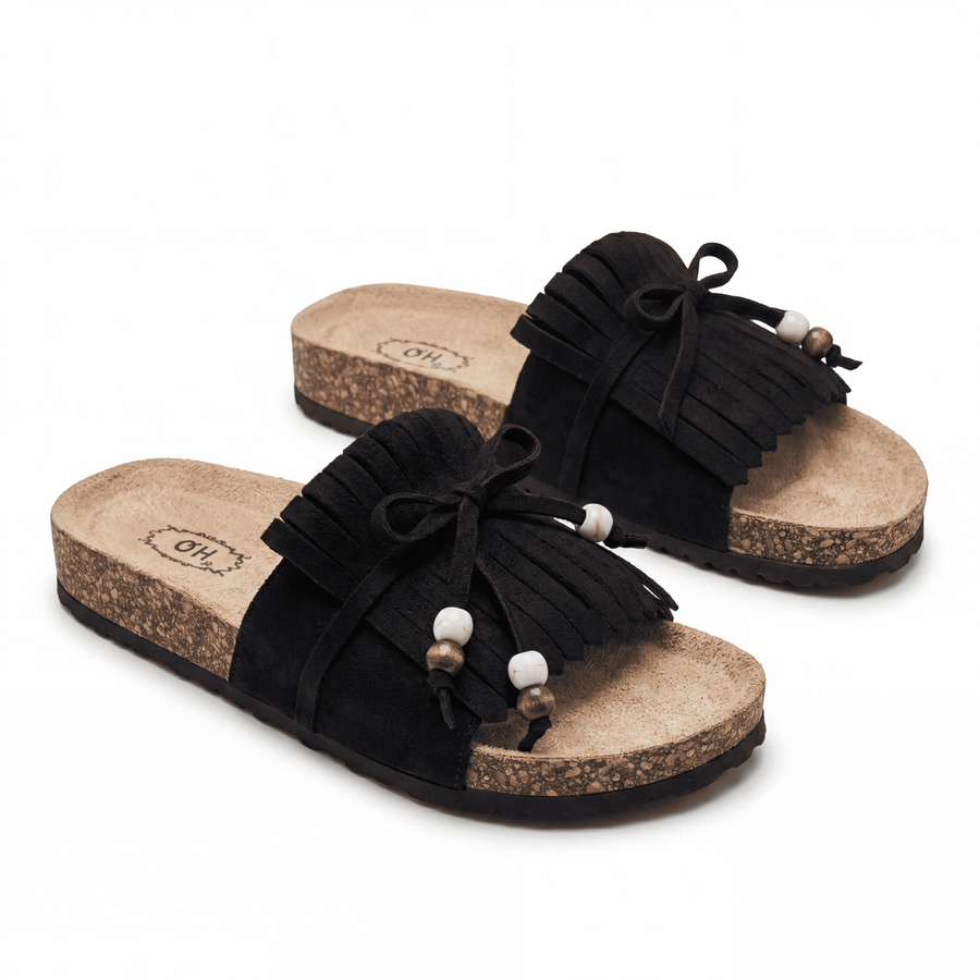 Sandales Femme Boho Franges Perlées Noir – Semelle Liège – Importées d'Espagne 🇪🇸