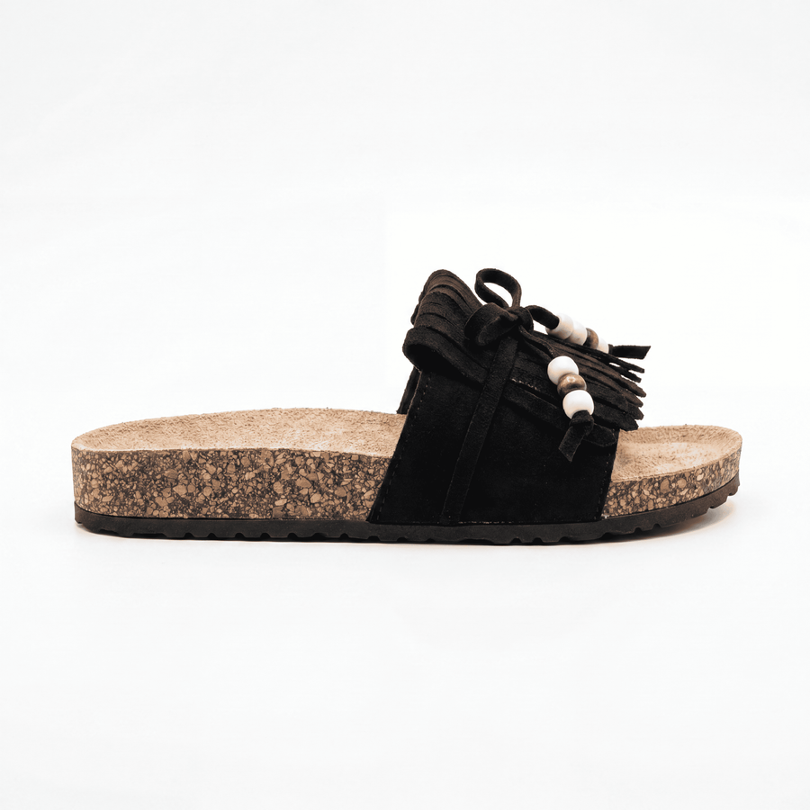 Sandales Femme Boho Franges Perlées Noir – Semelle Liège – Importées d'Espagne 🇪🇸