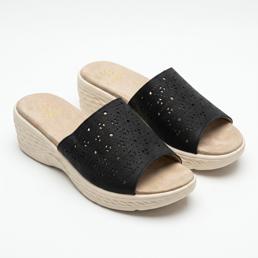 Sandales Femme Compensées Laser-Cut Géométrique — Noir — Importées d'Espagne 🇪🇸
