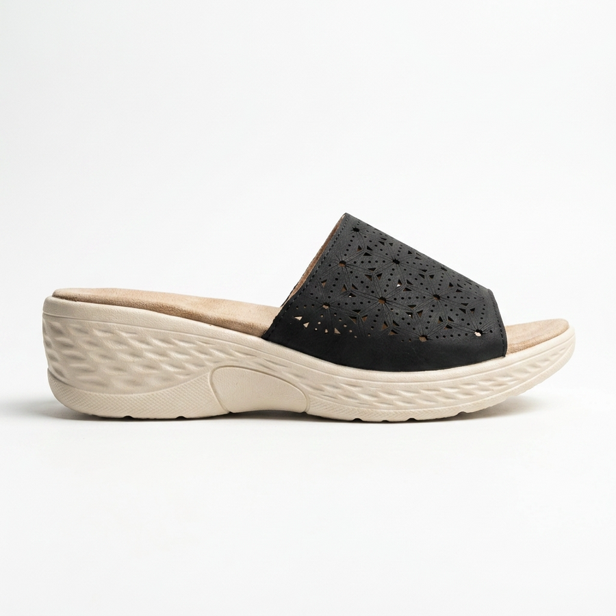 Sandales Femme Compensées Laser-Cut Géométrique — Noir — Importées d'Espagne 🇪🇸