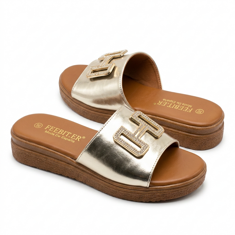 Sandale Femme FEEBIT.ER – Champagne Métallisé Boucle Strass – Importées d'Espagne 🇪🇸