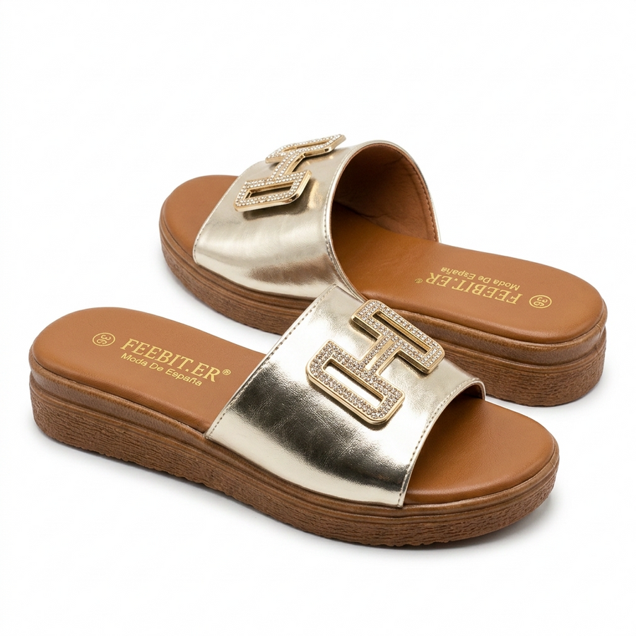 Sandale Femme FEEBIT.ER – Champagne Métallisé Boucle Strass – Importées d'Espagne 🇪🇸