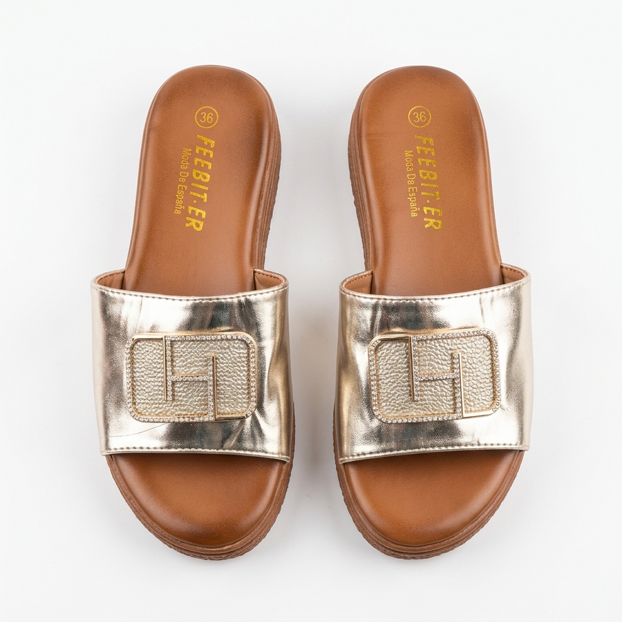 Sandale Femme FEEBIT.ER – Champagne Métallisé Boucle Strass – Importées d'Espagne 🇪🇸