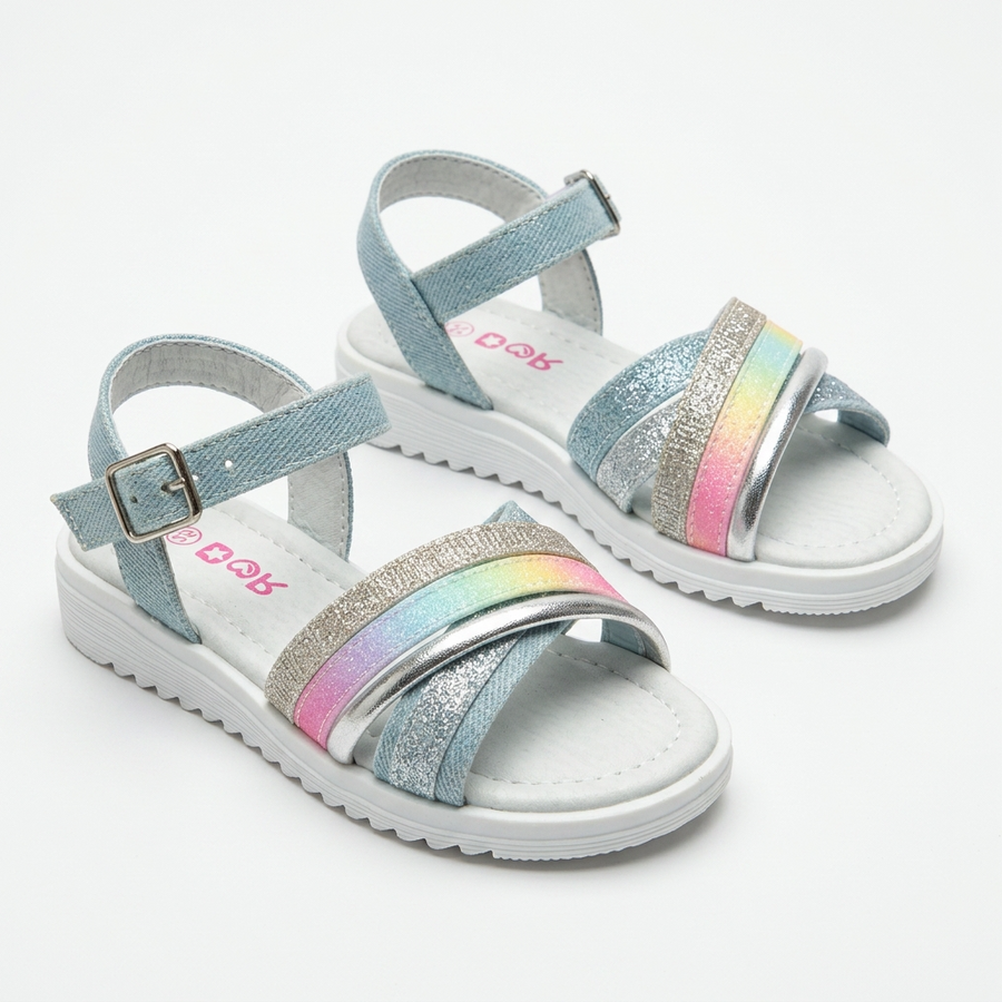 Sandales Filles Rainbow Glitter Brides Croisées — Bleu Denim — Importées d'Espagne 🇪🇸