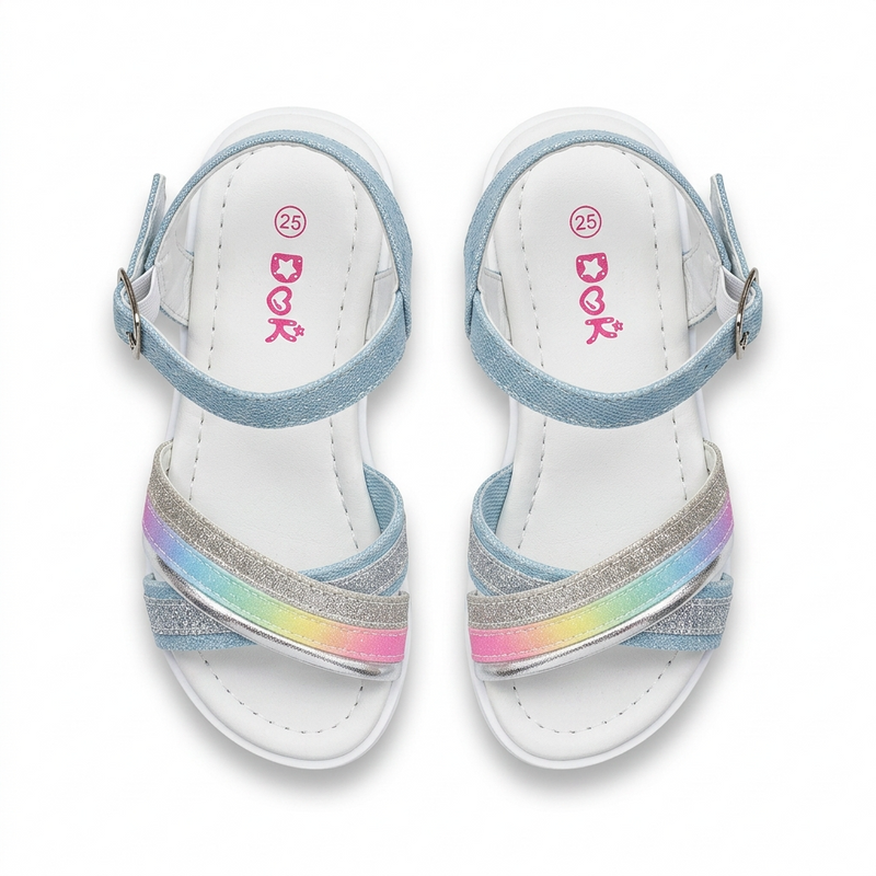 Sandales Filles Rainbow Glitter Brides Croisées — Bleu Denim — Importées d'Espagne 🇪🇸