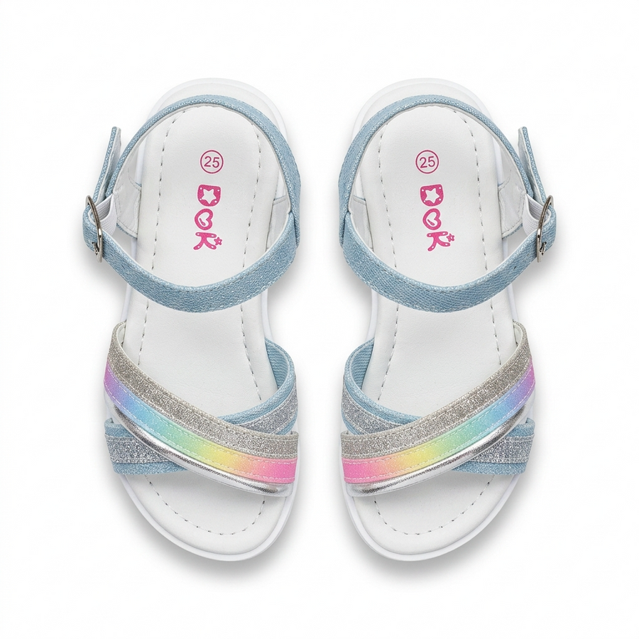 Sandales Filles Rainbow Glitter Brides Croisées — Bleu Denim — Importées d'Espagne 🇪🇸