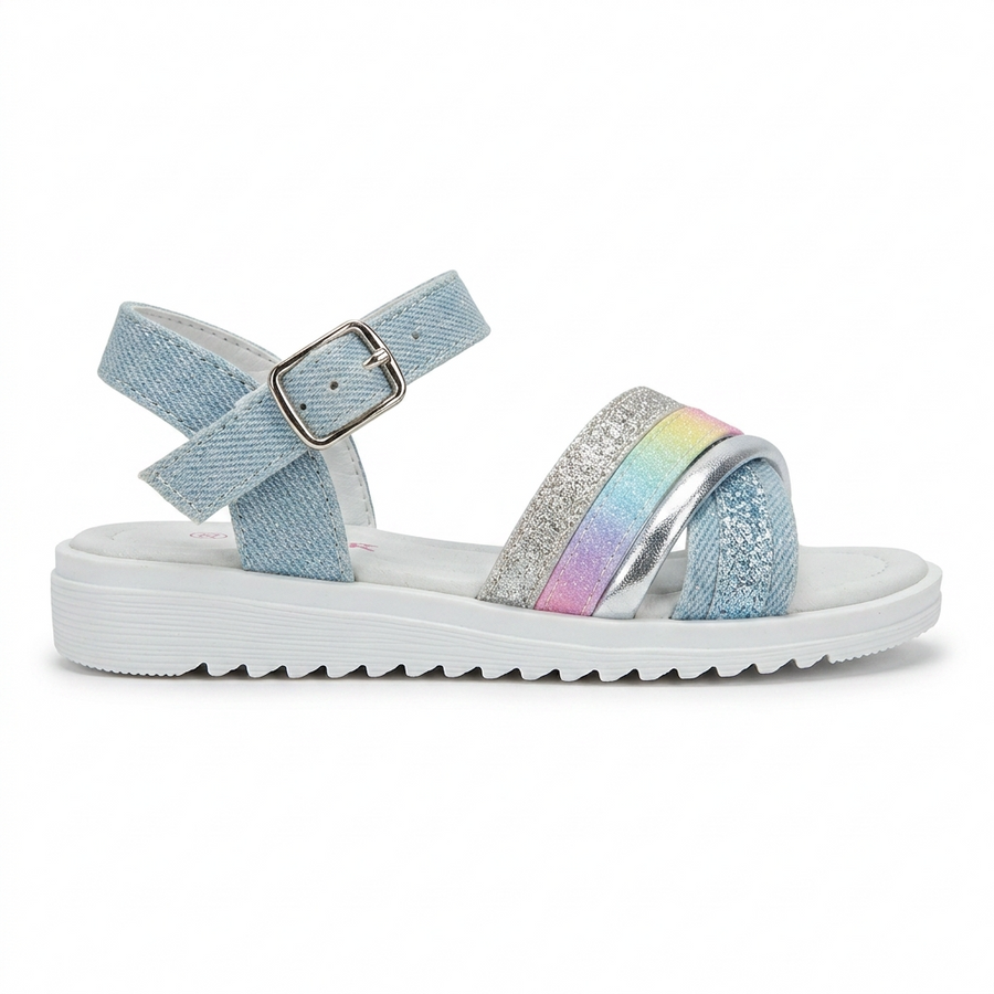 Sandales Filles Rainbow Glitter Brides Croisées — Bleu Denim — Importées d'Espagne 🇪🇸