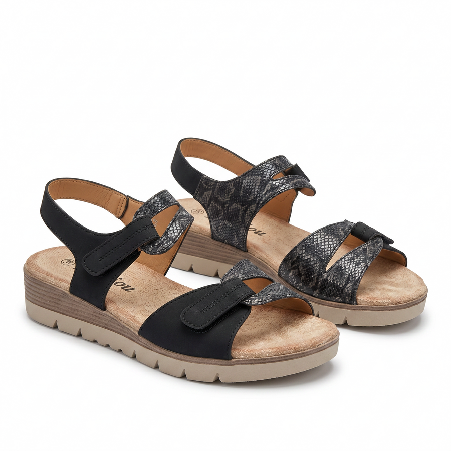 Sandales Femme Noir Imprimé Python Gris – Double Velcro – Importées d'Espagne 🇪🇸