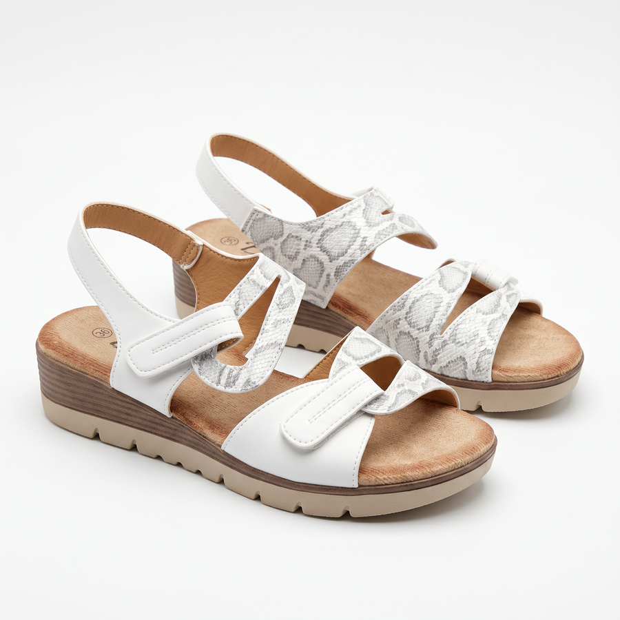 Sandales Femme Blanc Imprimé Python Gris – Double Velcro – Importées d'Espagne 🇪🇸