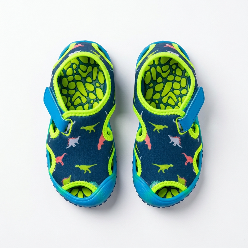 Chaussures Aquatiques Enfant Dinosaures — Protection Plage & Mer — Bleu/Vert Néon 🦕