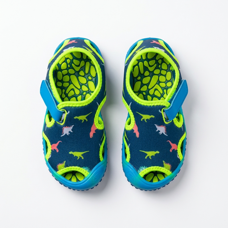 Chaussures Aquatiques Enfant Dinosaures — Bleu/Vert Néon – Importées d’Espagne 🇪🇸