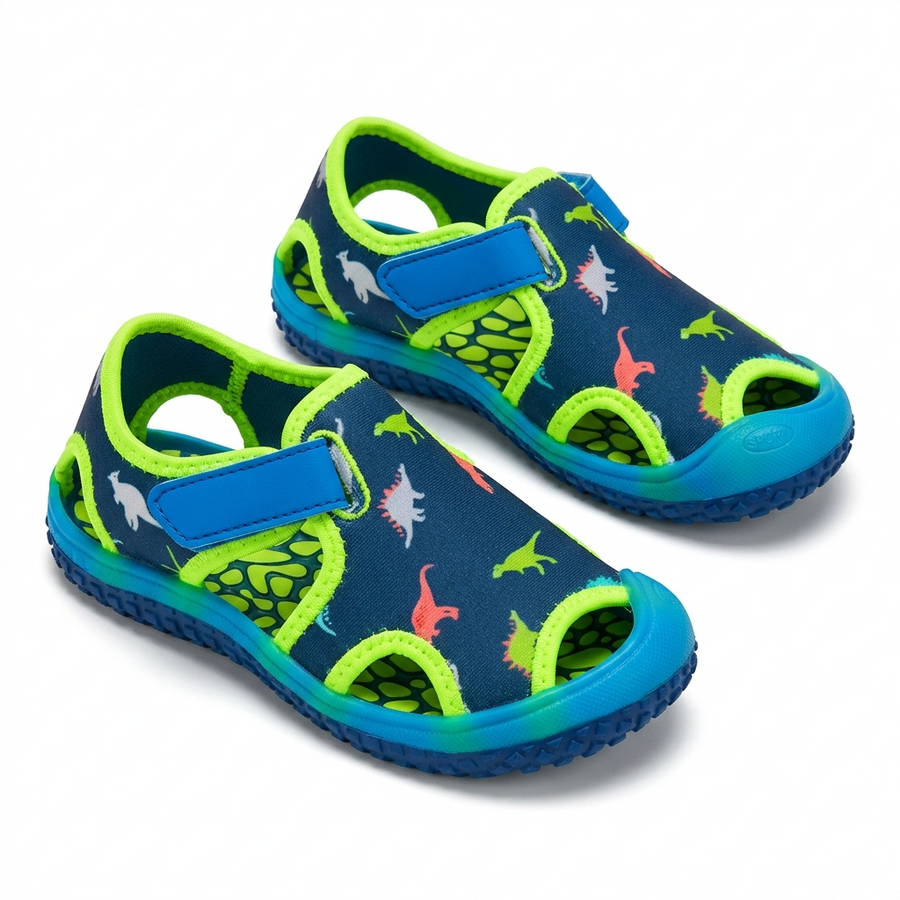Chaussures Aquatiques Enfant Dinosaures — Bleu/Vert Néon – Importées d’Espagne 🇪🇸